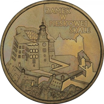 Rewers monety 2-złotowej poświęcony Zamkowi Pieskowa Skała